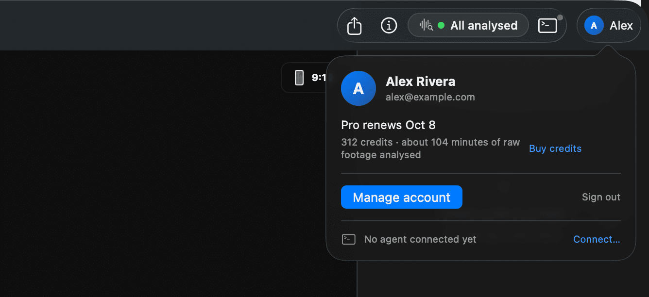 The account popover from the toolbar badge: the plan line, the credits and about how many minutes of raw footage they analyse, and the Buy credits button.