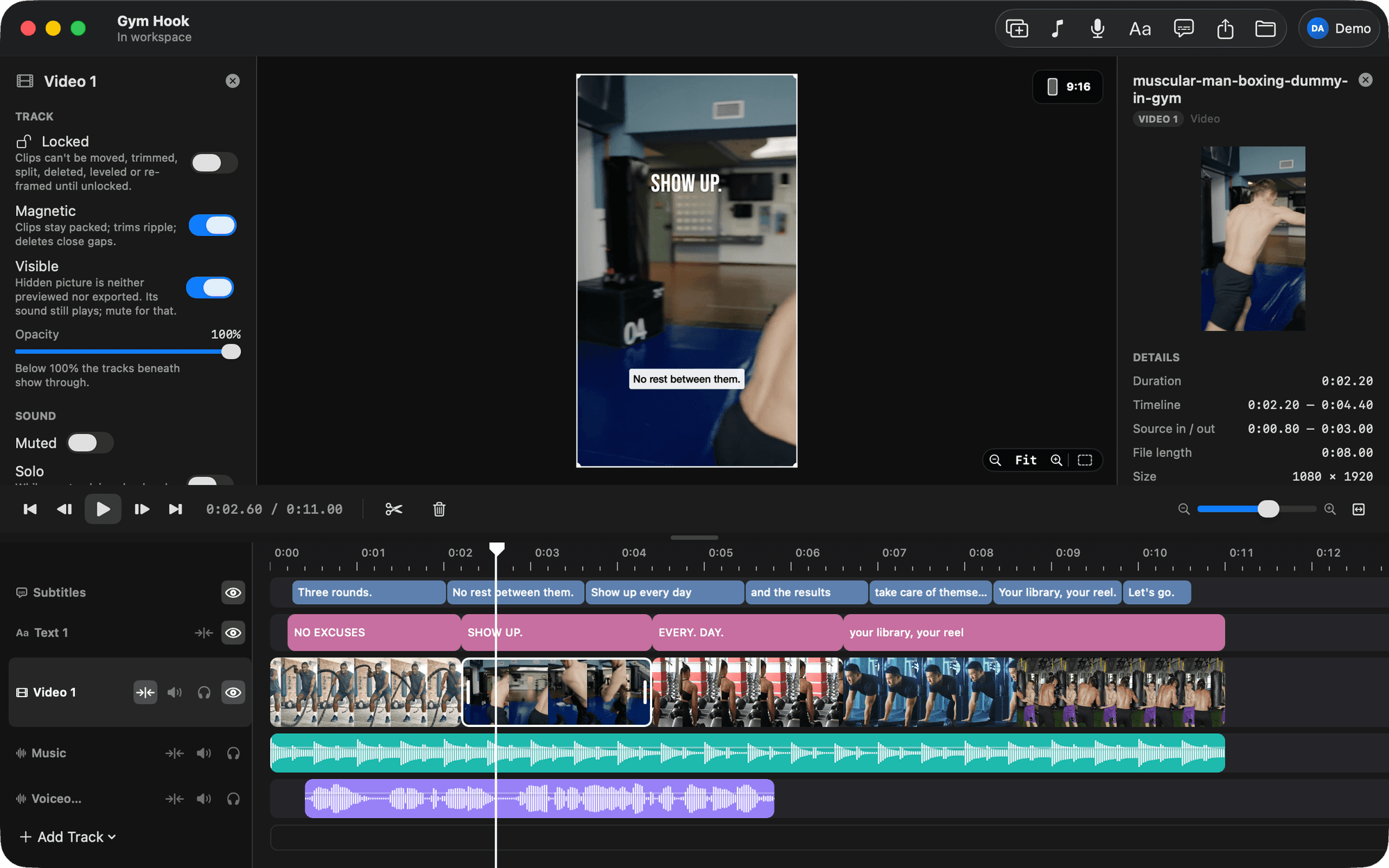 The BetterEdits window with a clip selected: the clip inspector open and the timeline below.
