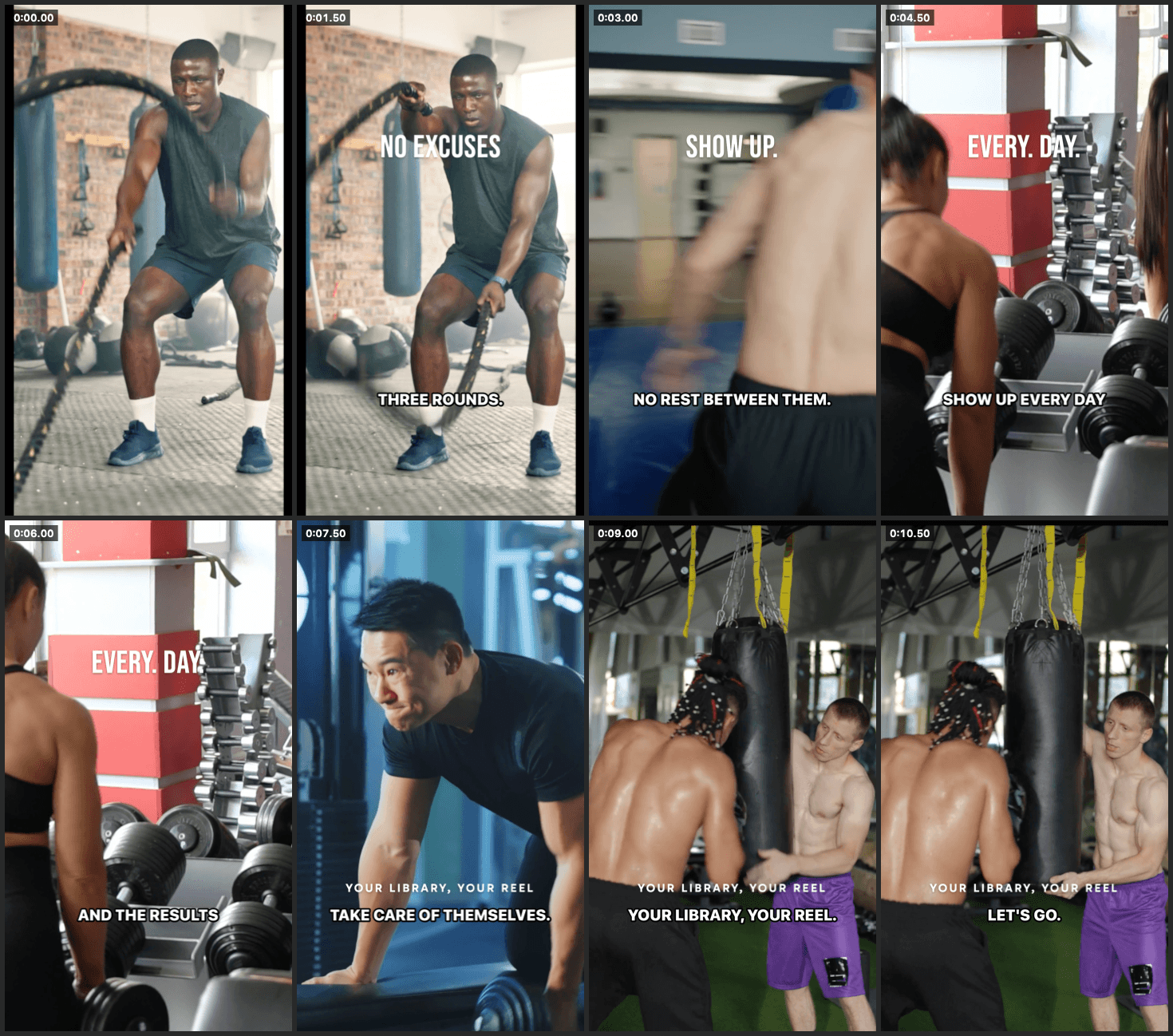 A contact sheet of eight labelled frames with the text and captions drawn on, made by BetterEdits so the model can look at the cut.