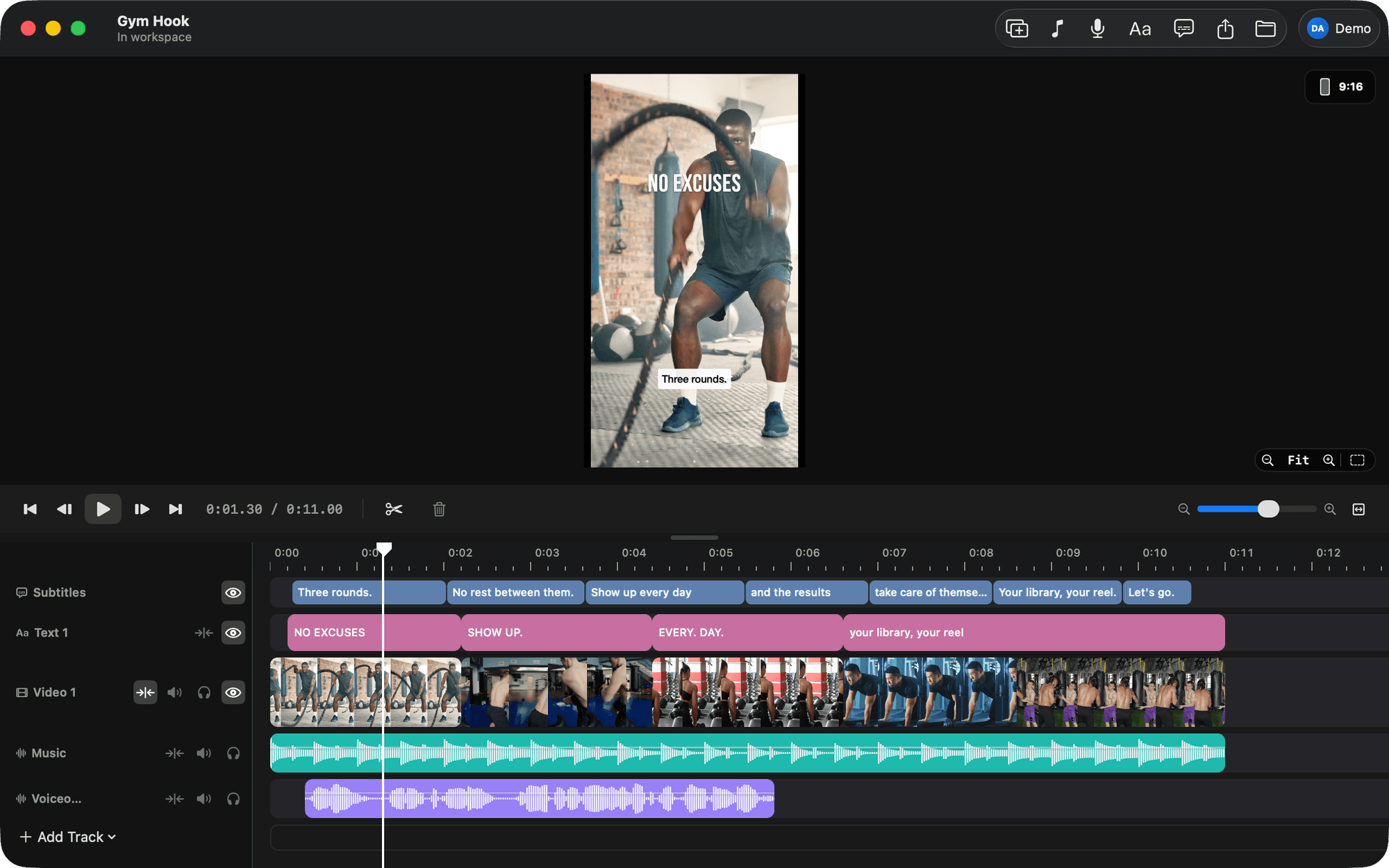 The BetterEdits window: a 9:16 viewer with a text and a caption bar, and a timeline with Subtitles, Text, Video, Music and Voiceover tracks.