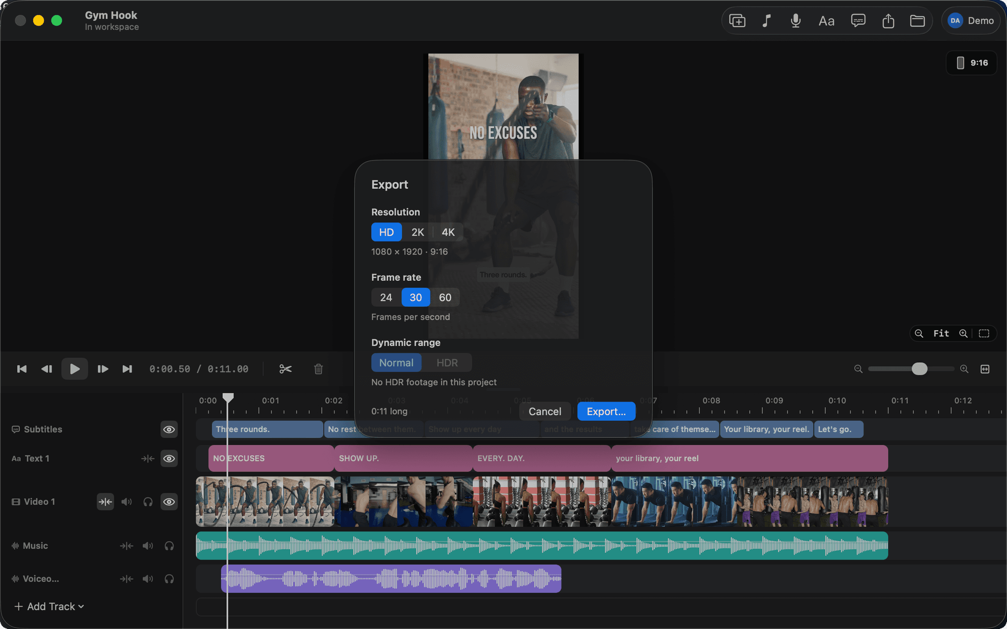 The Export sheet: HD, 2K and 4K, 24, 30 and 60 fps, Normal or HDR, over the open project.