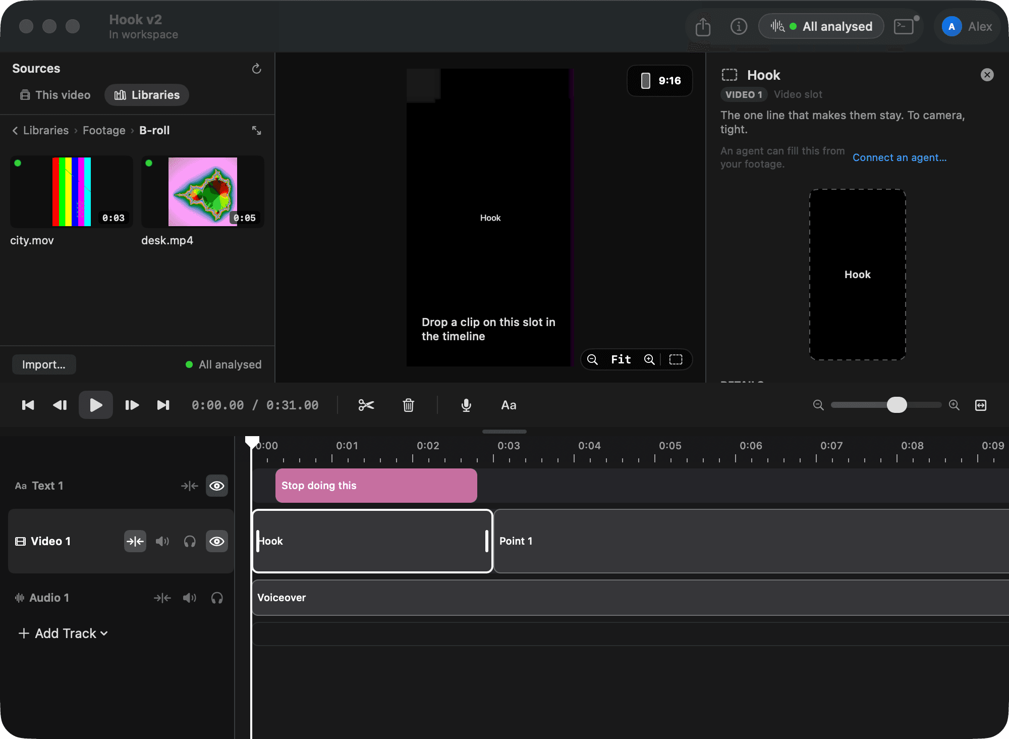 A timeline of named placeholders, hook, demo and call to action on the video track and a music slot underneath, one selected with its note in the sidebar.