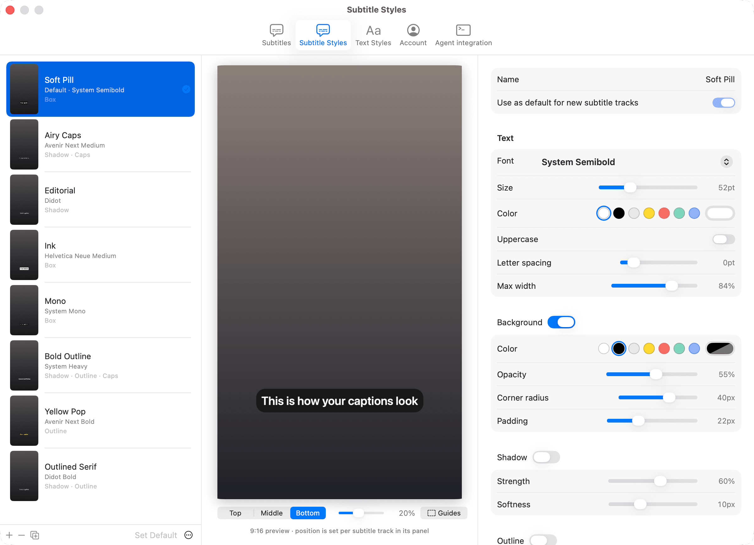 Settings › Subtitle Styles: eight presets, the live 9:16 preview, and the font, colour, background and shadow controls.