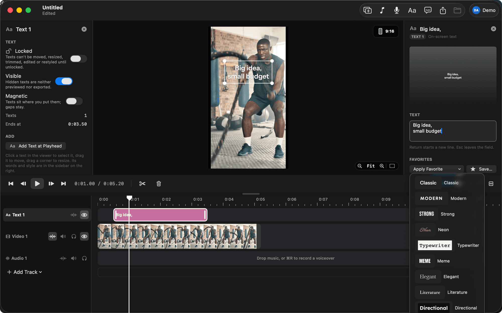 A text selected on the canvas, its inspector open, and the favorites menu showing Classic, Modern, Strong, Neon, Typewriter, Meme and more.