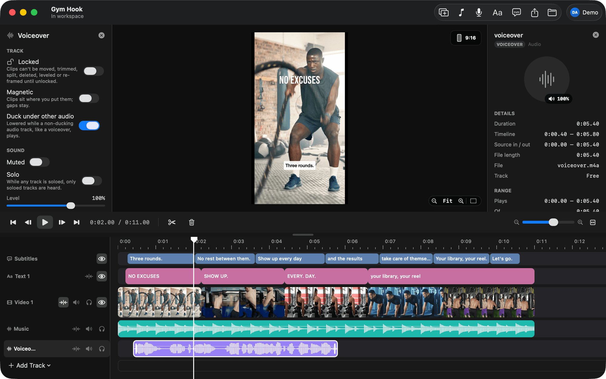 A voiceover take selected on its track: the track panel with Duck under other audio on, and the clip's inspector.